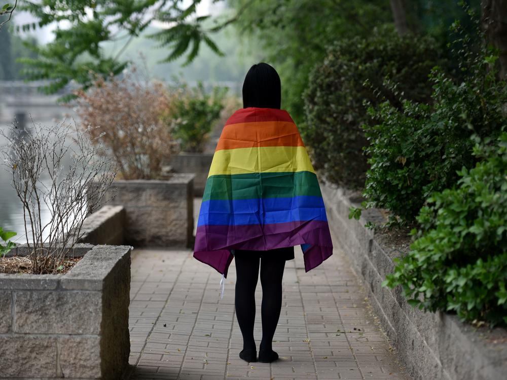 A student poses with a rainbow flag in Beijing in 2019, a year in which Chinese censors toughened restrictions on sharing content about LGBTQ people online.
