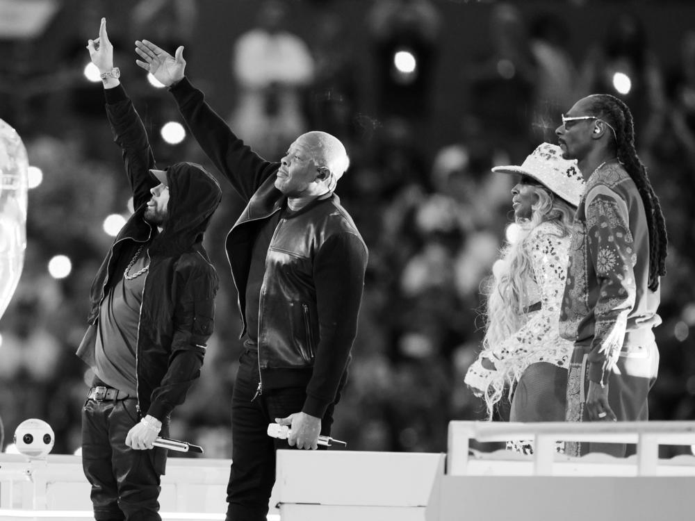 Halftime show performers Eminem, Dr. Dre, Mary J. Blige and Snoop Dogg at the Super Bowl 56.