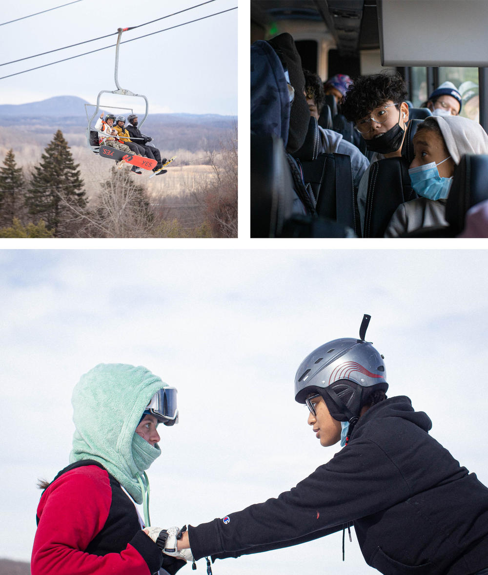 <strong></strong>Top left: Hoods to Woods co-founder Brian Paupaw (from left) with Raquel Hamblin and Ashauni Williams. Top right: Tsering Dundup and Harrison Victor (right) on the bus to Mountain Creek Resort. Bottom: Hoods to Woods volunteer Katie Korpacz (left) helps student Tandiwe Caldwell.