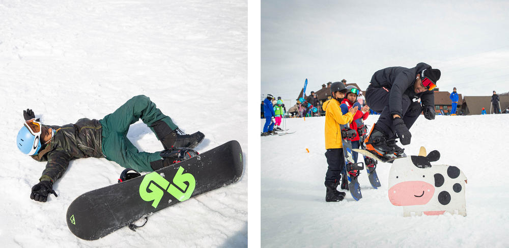 Left: Judah Caldwell falls while snowboarding. Right: Sebastian Diaz demonstrates an ollie at Mountain Creek Resort in New Jersey during a Hoods to Woods trip.