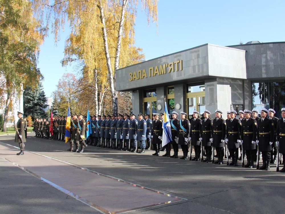 The outage hit the website for the Ukrainian Defense Ministry, shown here during a ceremony last October.