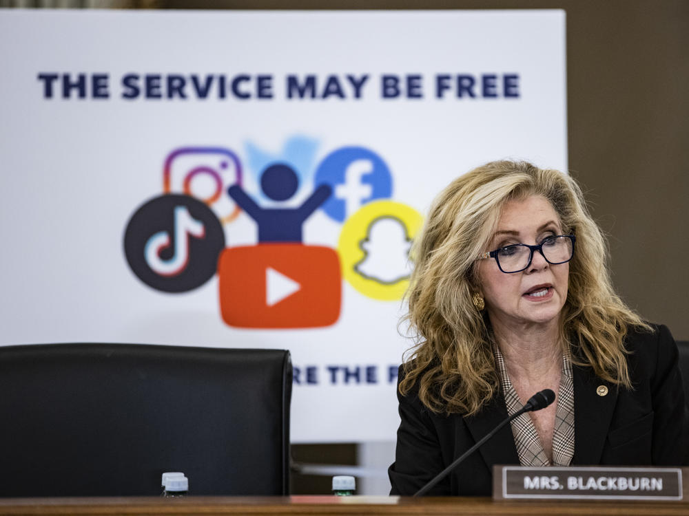 Ranking member Sen. Marsha Blackburn, R-Tenn., speaks during a Senate Subcommittee on Consumer Protection, Product Safety, and Data Security hearing about online child safety in October.
