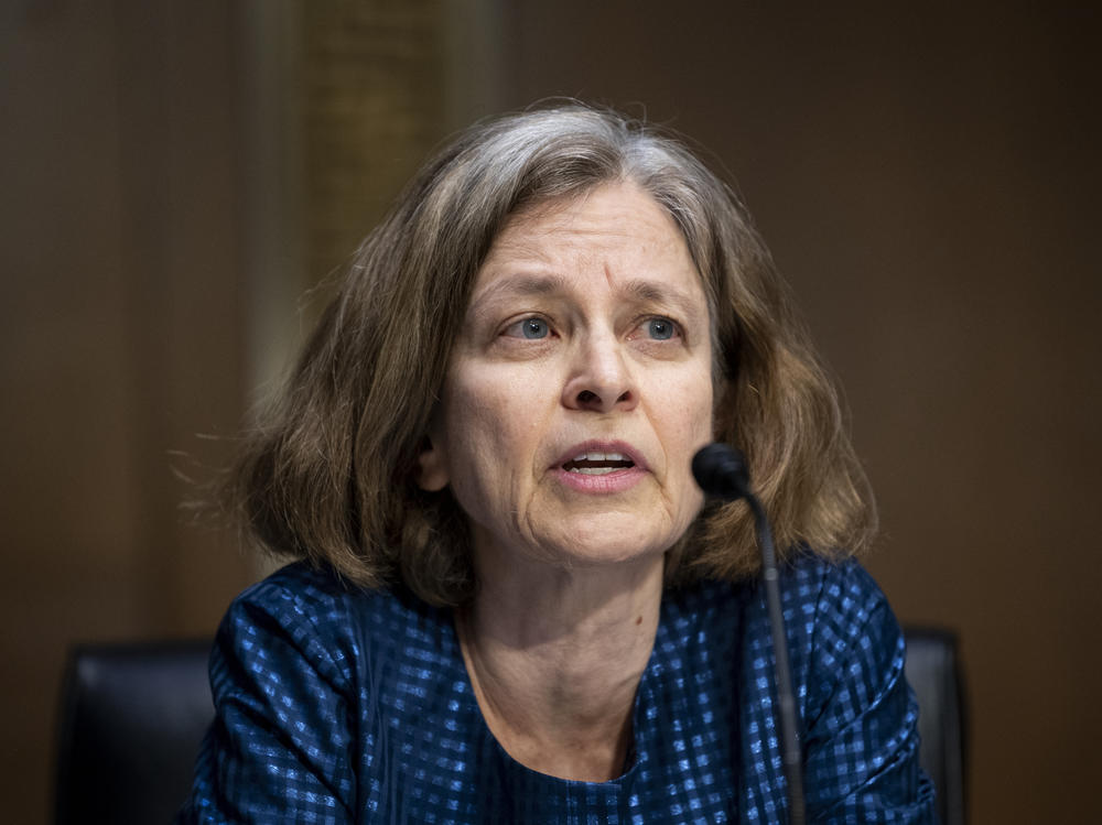 Sarah Bloom Raskin, President Biden's nominee to be the Fed's vice chair for supervision, speaks during her confirmation hearing with the Senate Banking Committee on Feb. 3 in Washington, D.C. Senate Banking Republicans delayed a key vote on her nomination, along with a group of four other nominees to the Fed.