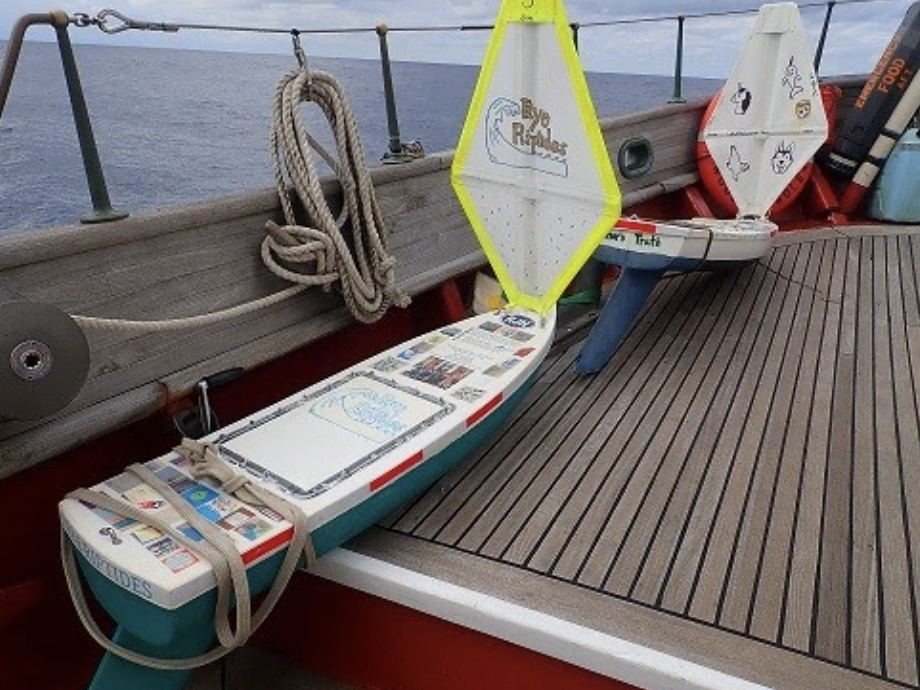The <em>Rye Riptides</em> pictured on board the Corwith Cramer before launching in October 2020. Nearly 18 months later, the mini boat was retrieved from an uninhabited Norwegian island with its messages and gifts intact.
