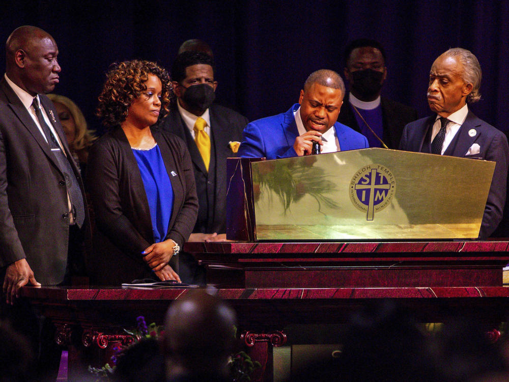 Amir Locke's father Andre Locke speaks during his funeral Thursday at Shiloh Temple International Ministries in Minneapolis. Locke was killed Feb. 2 by Minneapolis police as they executed a no-knock search warrant.