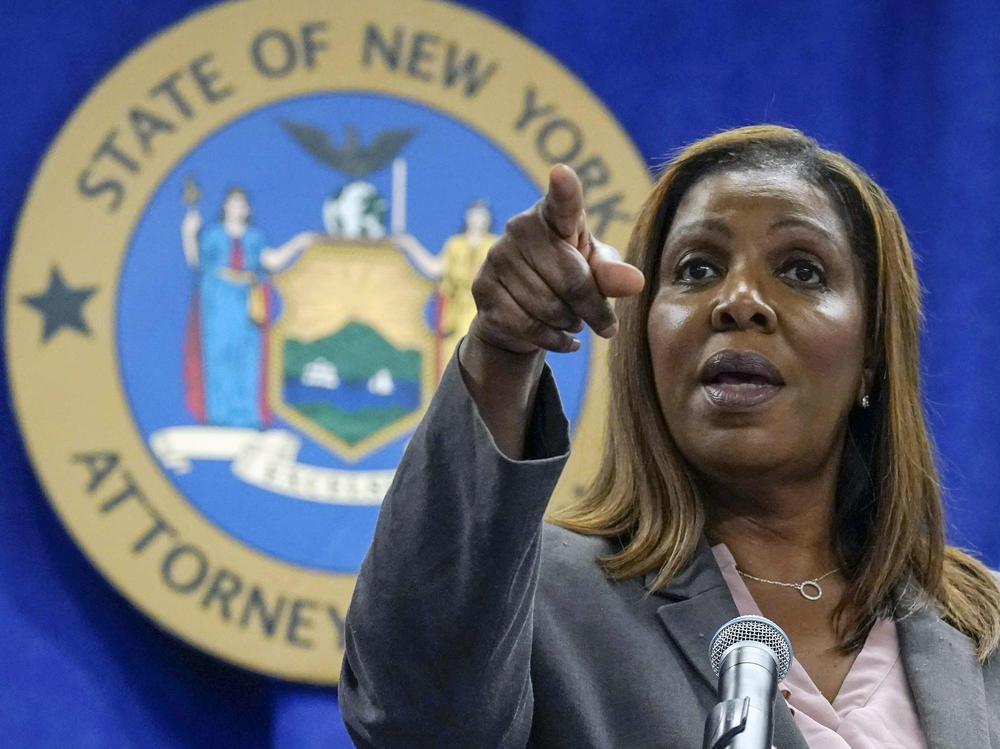 New York state's attorney general, Letitia James, acknowledges questions from journalists at a news conference on May 21, 2021.
