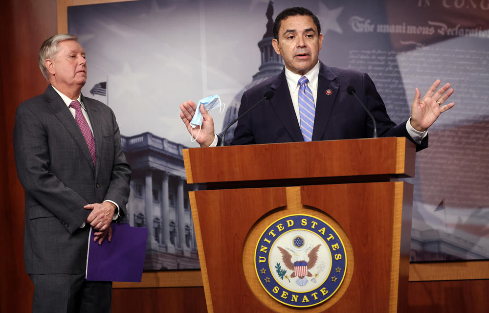 Joined by Sen. Lindsey Graham, R-S.C., Cuellar speaks on southern border security and illegal immigration on July 30, 2021. Cuellar touts his ability to reach across the aisle and get things done.