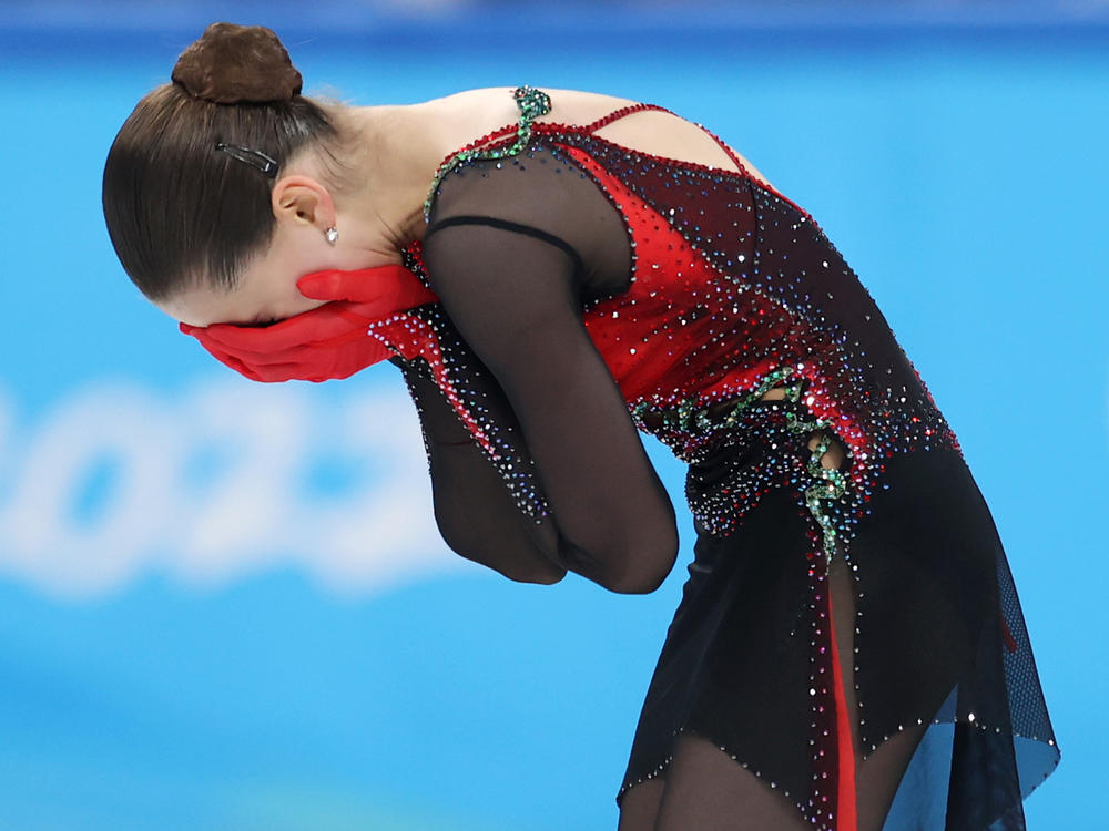 Kamila Valieva of Team ROC reacts after skating during the women's individual figure skating final on Thursday in Beijing.