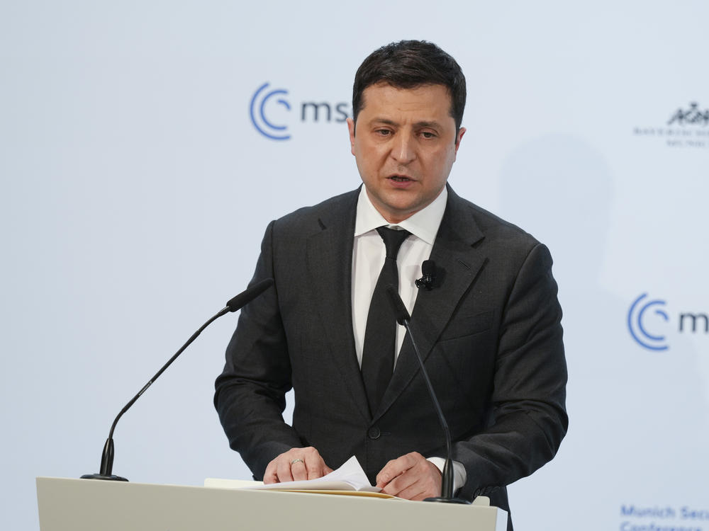 Ukrainian President Volodymyr Zelenskyy speaks during the Munich Security Conference in Germany on Saturday. He proposed a meeting with Russian President Vladimir Putin amid heightened tensions between their two countries.