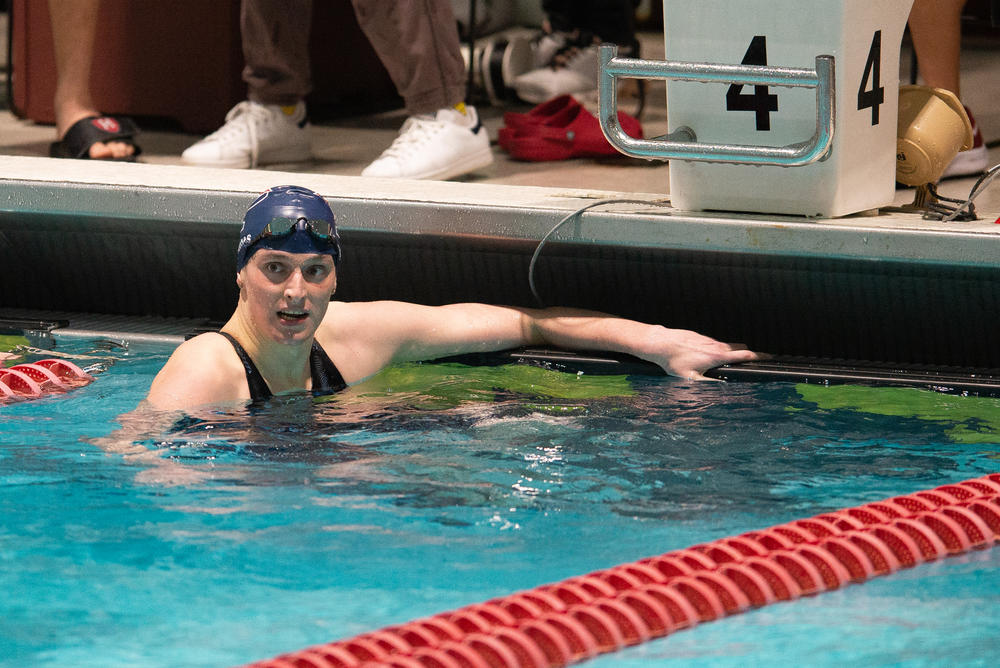University of Pennsylvania swimmer Lia Thomas looks on after winning the 200 yard freestyle during the 2022 Ivy League Women's Swimming and Diving Championships at Blodgett Pool on Friday, in Cambridge, Mass.