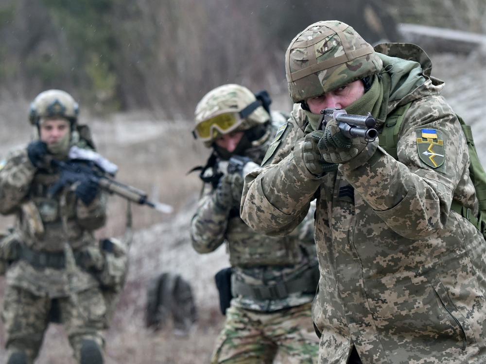 The Ukrainian Territorial Defense Forces, the military reserve of the Ukrainian Armed Forces, take part in a military drill outside Kyiv, the Ukrainian capital, on Feb. 19.