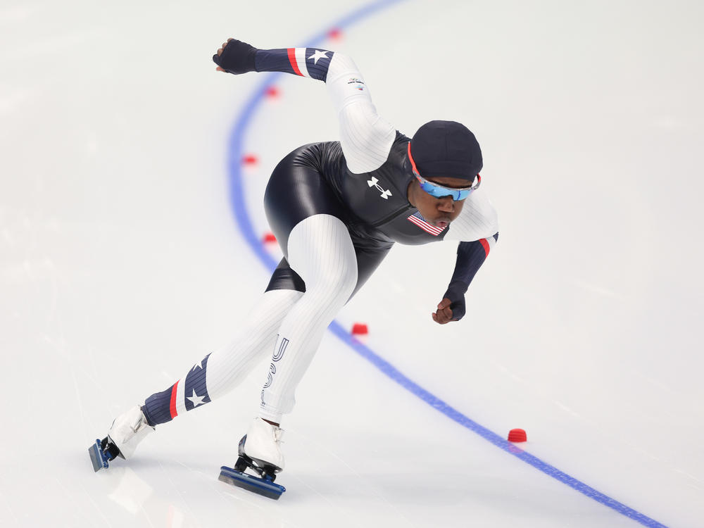 U.S. speed skater Erin Jackson of skates to victory to win the gold medal in the Women's 500-meter on Feb. 13 at the Winter Olympics.