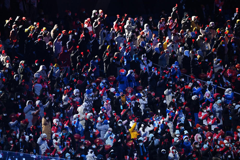 Spectators look on from inside of the Beijing National Stadium during the Beijing 2022 Winter Olympics Closing Ceremony on Day 16 of the Beijing 2022 Winter Olympics at Beijing National Stadium on February 20, 2022 in Beijing, China.