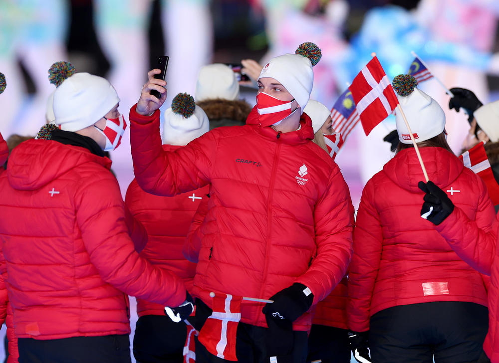 Members of Team Denmark make their way into the Beijing National Stadium during the Beijing 2022 Winter Olympics Closing Ceremony on Day 16 of the Beijing 2022 Winter Olympics at Beijing National Stadium on February 20, 2022 in Beijing, China.