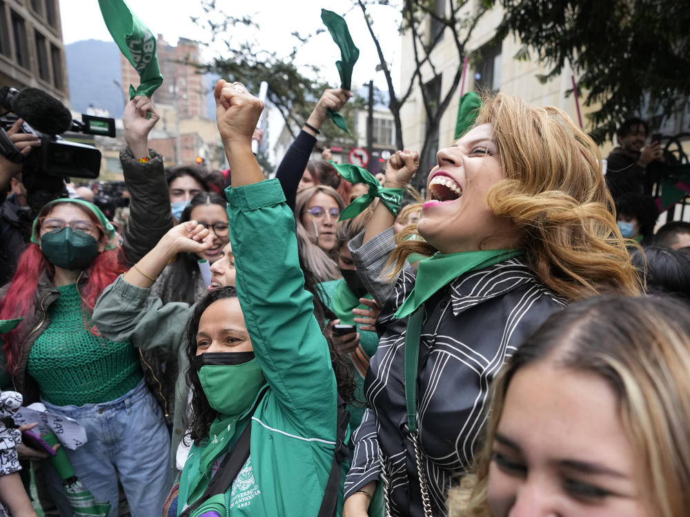 Abortion-rights activists in Colombia celebrate Monday in Bogota after the Constitutional Court approved the decriminalization of abortion, lifting all limitations on the procedure until the 24th week of pregnancy.