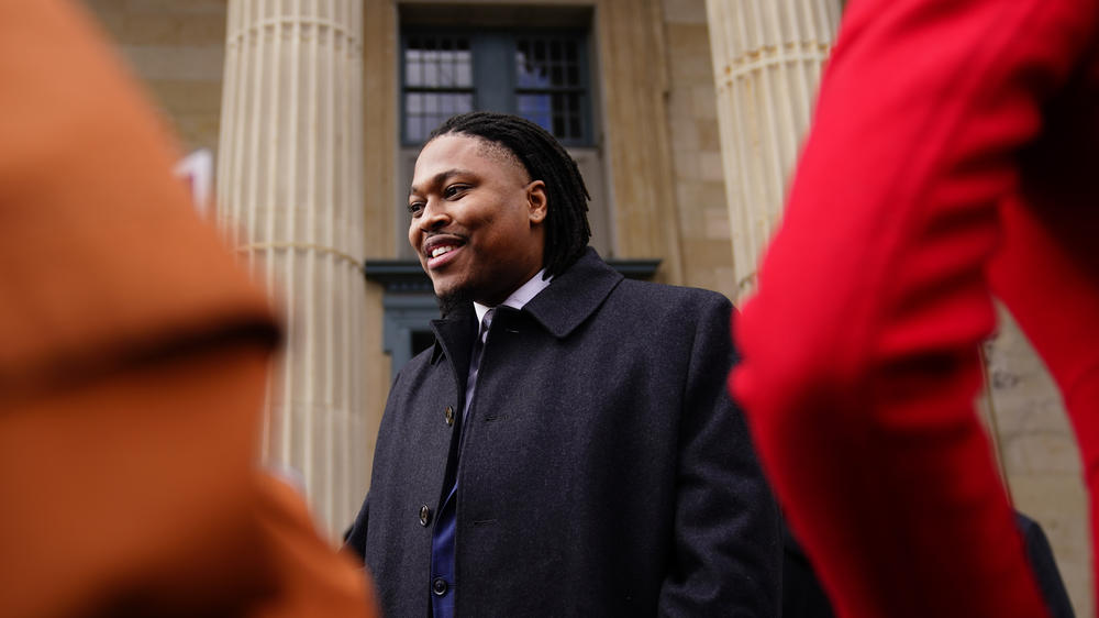 Pennsylvania state Rep. Malcolm Kenyatta meets with Chester County officials and supporters at a U.S. Senate campaign event in West Chester, Pa., on Feb. 18.