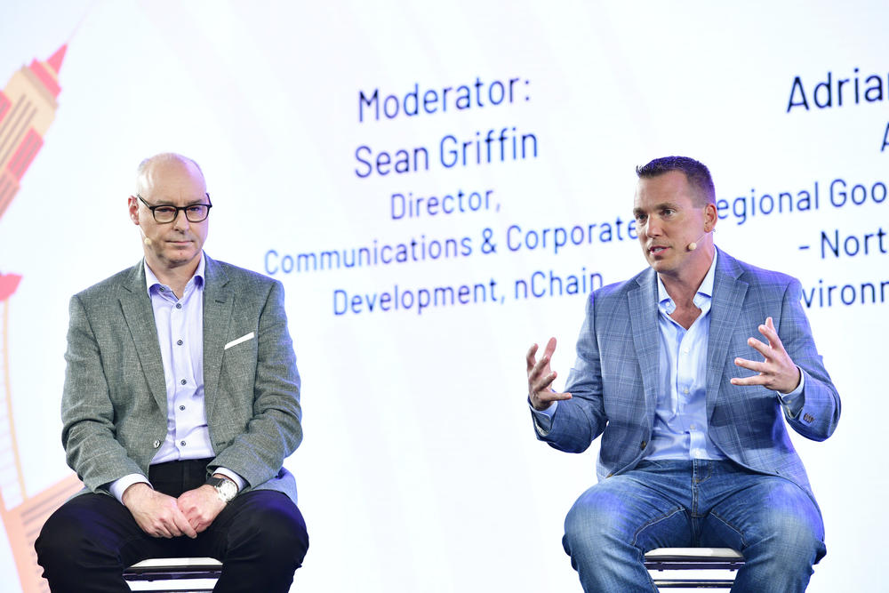 Dave Perrill (right), cofounder and CEO of Compute North, and Lars Jorgensen of TAAL Distributed Information Technologies speak during CoinGeek Conference New York in October.