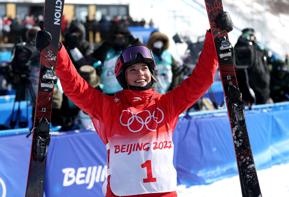 Eileen Gu of Team China reacts after winning the gold medal during the women's freestyle freeski halfpipe final of the Winter Olympics.