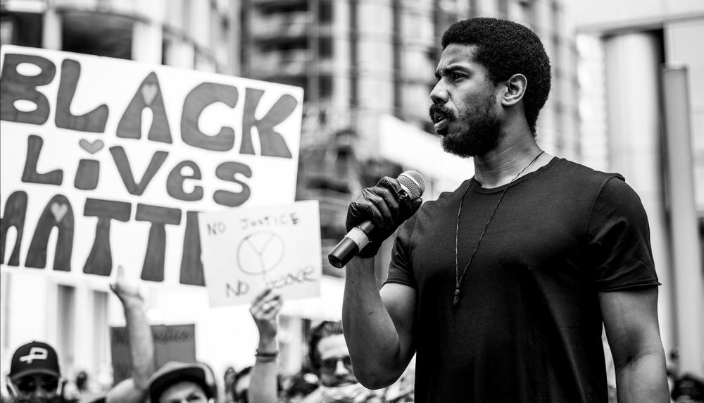 Michael B. Jordan speaks at a Black Lives Matter — Los Angeles protest in Century City, Calif., in 2020.