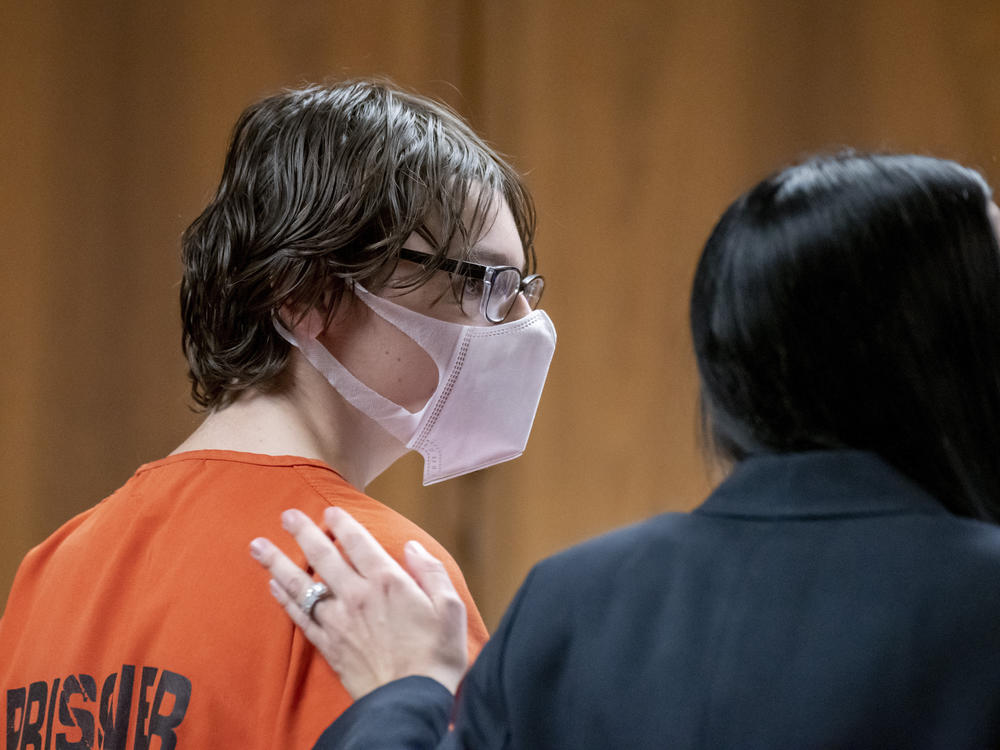 Ethan Crumbley attends a hearing at Oakland County circuit court in Pontiac, Mich., on Tuesday over where the teen will be detained as he awaits trial. Crumbley, 15, is charged with the fatal shooting of four fellow students and the wounding of seven others, including a teacher, at Oxford High School in November.