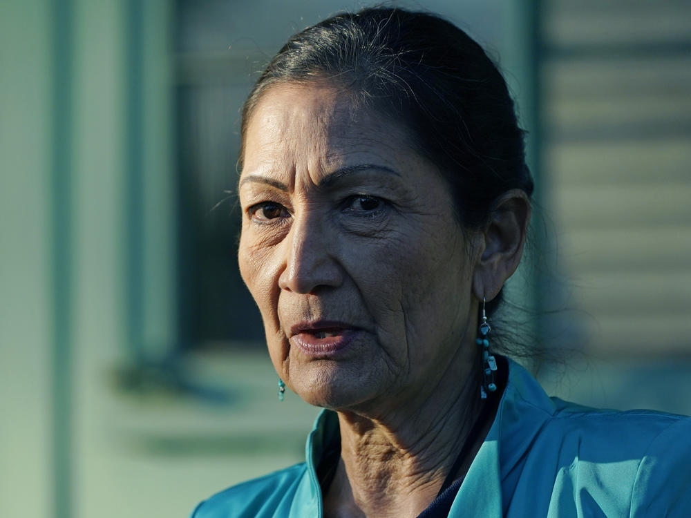 Interior Secretary Deb Haaland speaks with reporters on Feb. 15 about visiting several communities and sites in Mississippi to honor individuals and events that advanced the civil rights movement.