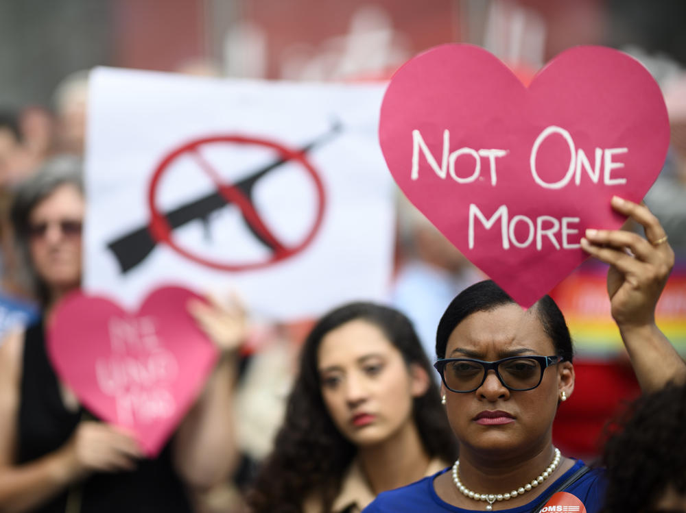 Protestors take part in a rally of Moms against gun violence and calling for Federal Background Checks on August 18, 2019 in New York City.