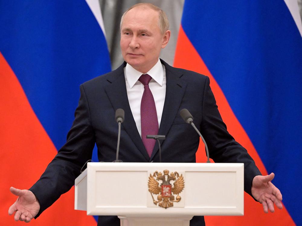 Russian President Vladimir Putin speaks during a joint press conference with the German chancellor following their meeting over Ukraine security last Tuesday.