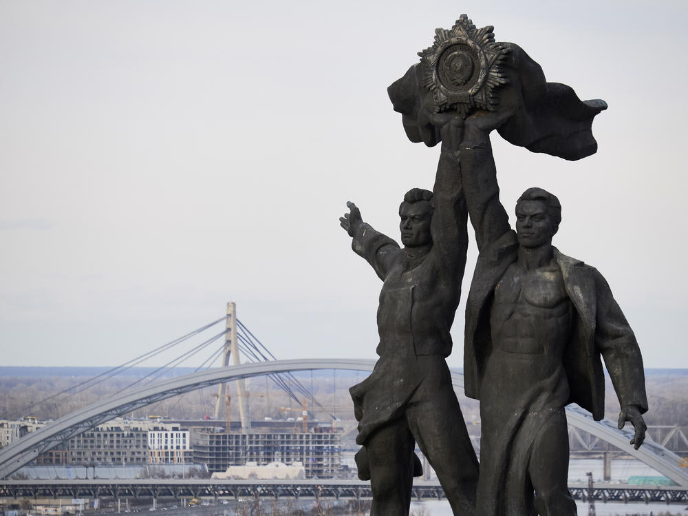 Ukraine is calling reservists to active duty. Here, the People's Friendship Arch is seen in Kyiv; the landmark has stirred controversy over the years because it was installed in 1982 by the old Soviet government.