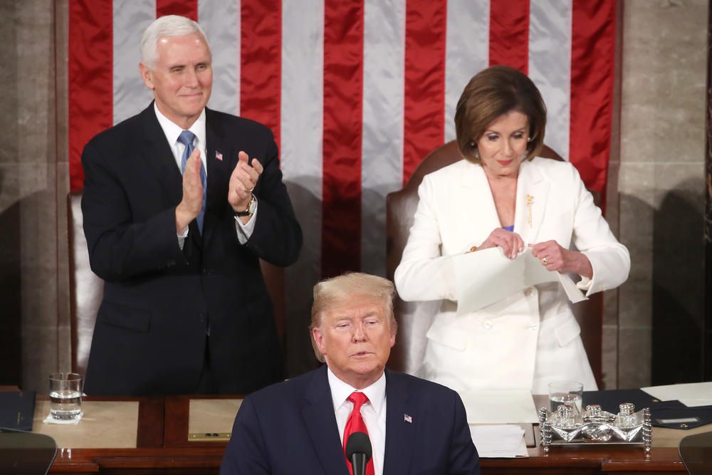 House Speaker Nancy Pelosi rips up pages of the State of the Union speech after President Donald Trump finishes his address on Feb. 4, 2020. The following day, the Senate acquitted Trump in his first impeachment trial.