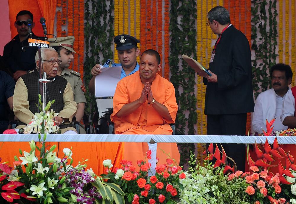 Yogi Adityanath, Uttar Pradesh's chief minister currently running for reelection, attends his swearing-in ceremony in Lucknow in 2017.