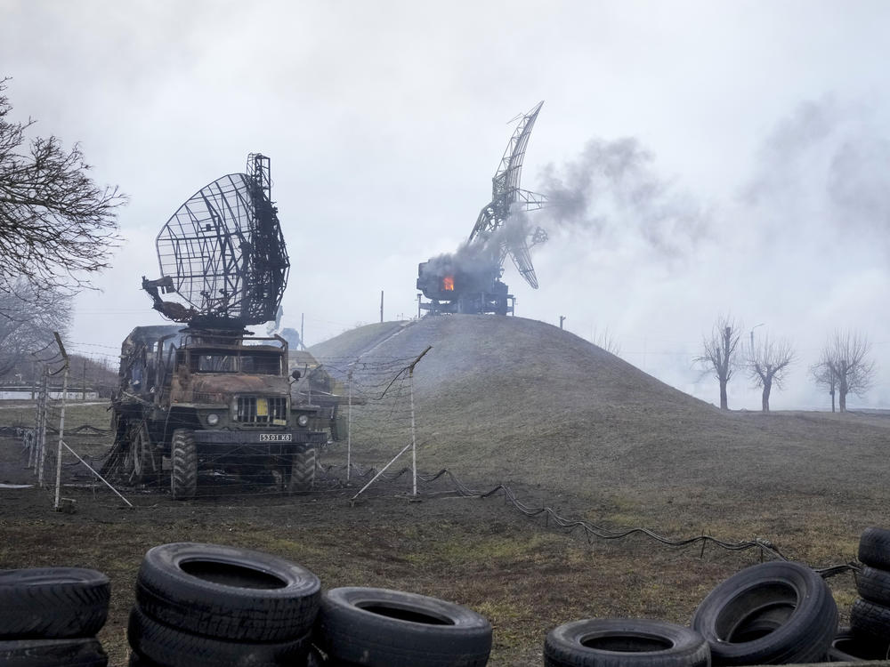 Damaged radar arrays and other equipment are seen at a Ukrainian military facility outside Mariupol, Ukraine, on Thursday.