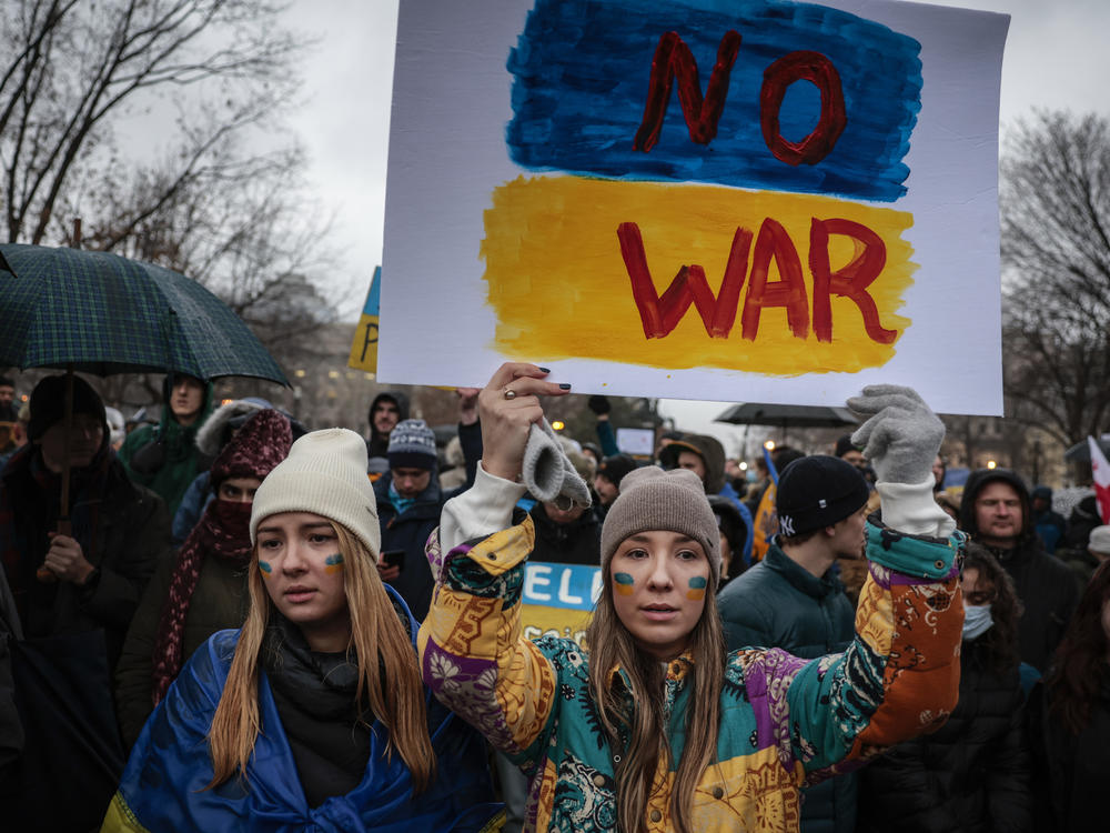Anti-war demonstrators and Ukrainians living in the U.S. protest against Russia's military operation in Ukraine in Lafayette Park on February 24, 2022 in Washington, DC. Russian President Vladimir Putin launched a full-scale invasion of Ukraine on February 24th.
