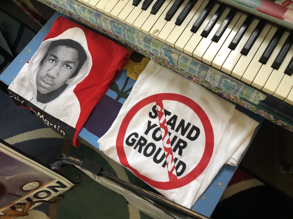 Some of the T-shirts that mourners and protesters wore in the weeks after Trayvon Martin's killing by George Zimmerman. Zimmerman's defense relied on Florida's 
