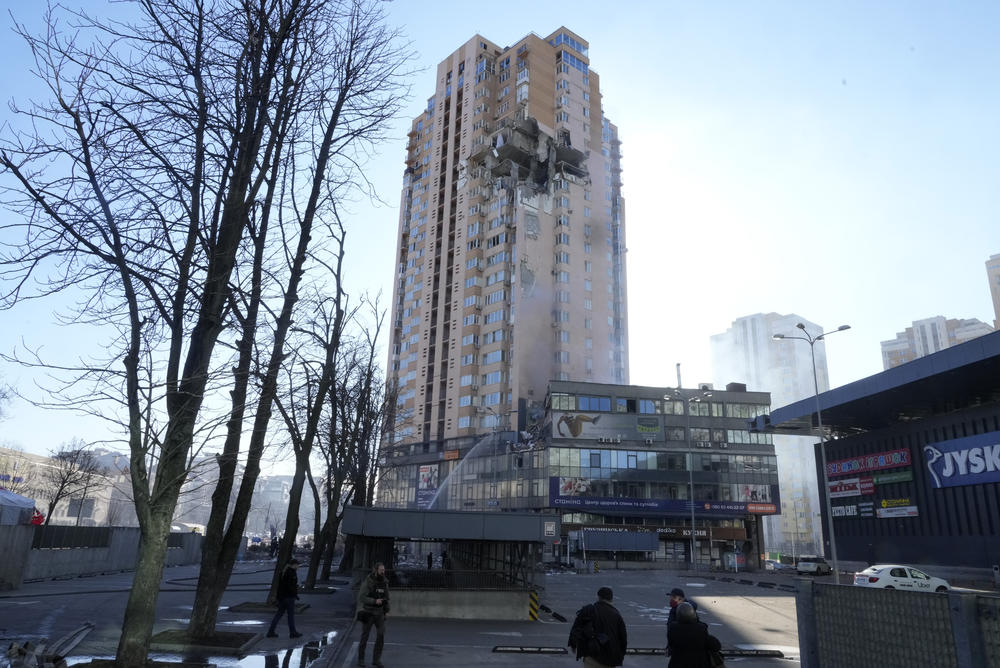 A high-rise apartment building in Kyiv was damaged in an overnight rocket attack.