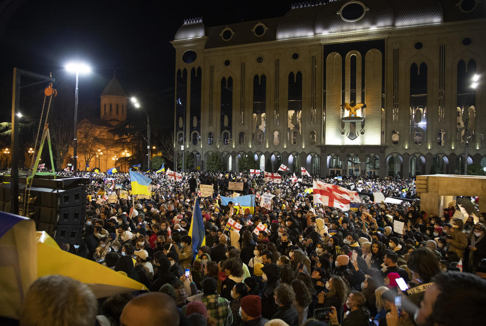Georgians in Tbilisi rally in support of Ukraine and demand that Georgian Prime Minister Irakli Gharibashvili step down after he said he would not introduce sanctions against Russia.