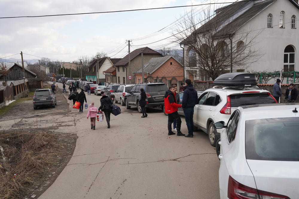 Cars wait to cross into Romania at the border crossing in Solotvyno, Ukraine, as the Russian invasion continues.