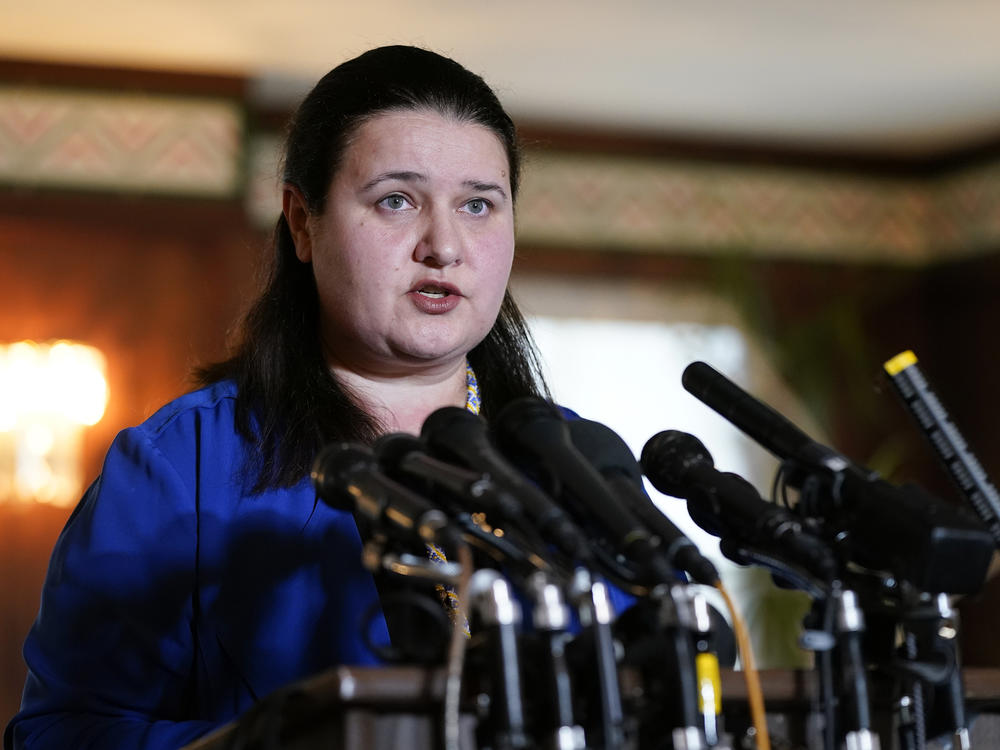 Ukraine's Ambassador to the United States Oksana Markarova speaks during a news conference at the Embassy of Ukraine in Washington, D.C. on Feb. 24.