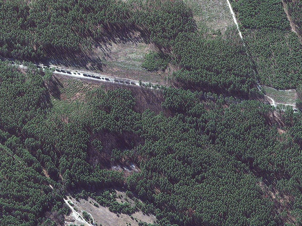 A satellite image captured Monday by Maxar Technologies shows a Russian military convoy southeast of Ivankiv, Ukraine.