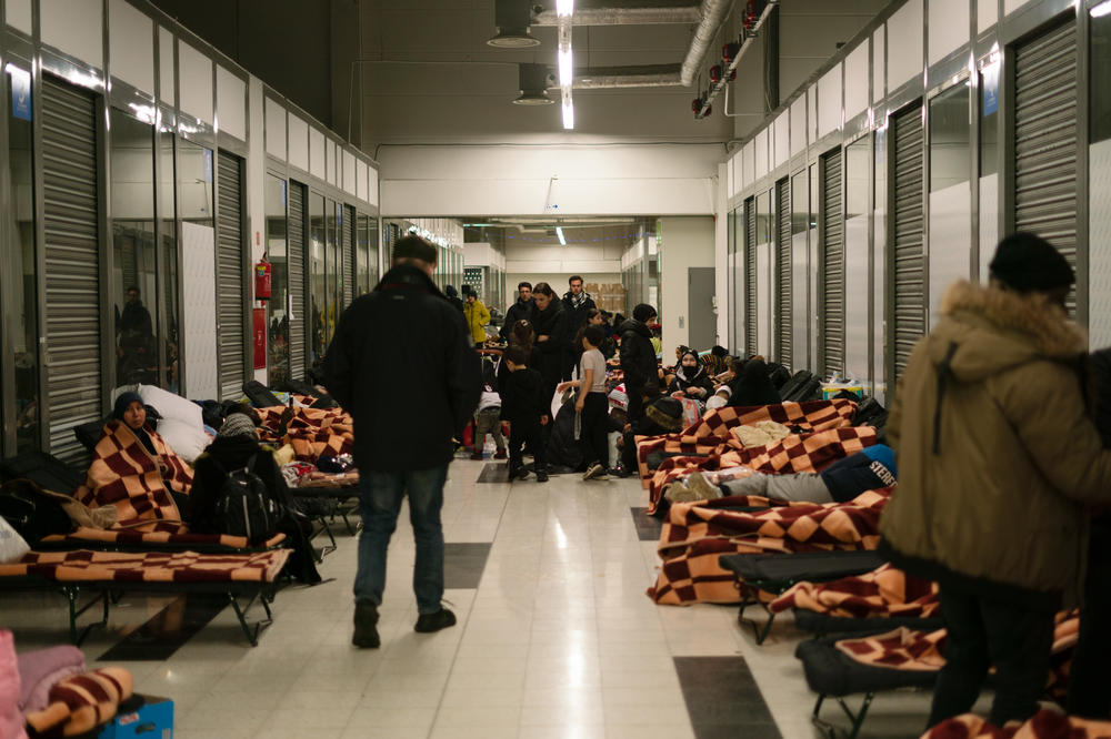 A temporary shelter is set up for people who have recently crossed into Poland by bus from Ukraine near the Korrczowa-Krakovets border crossing.