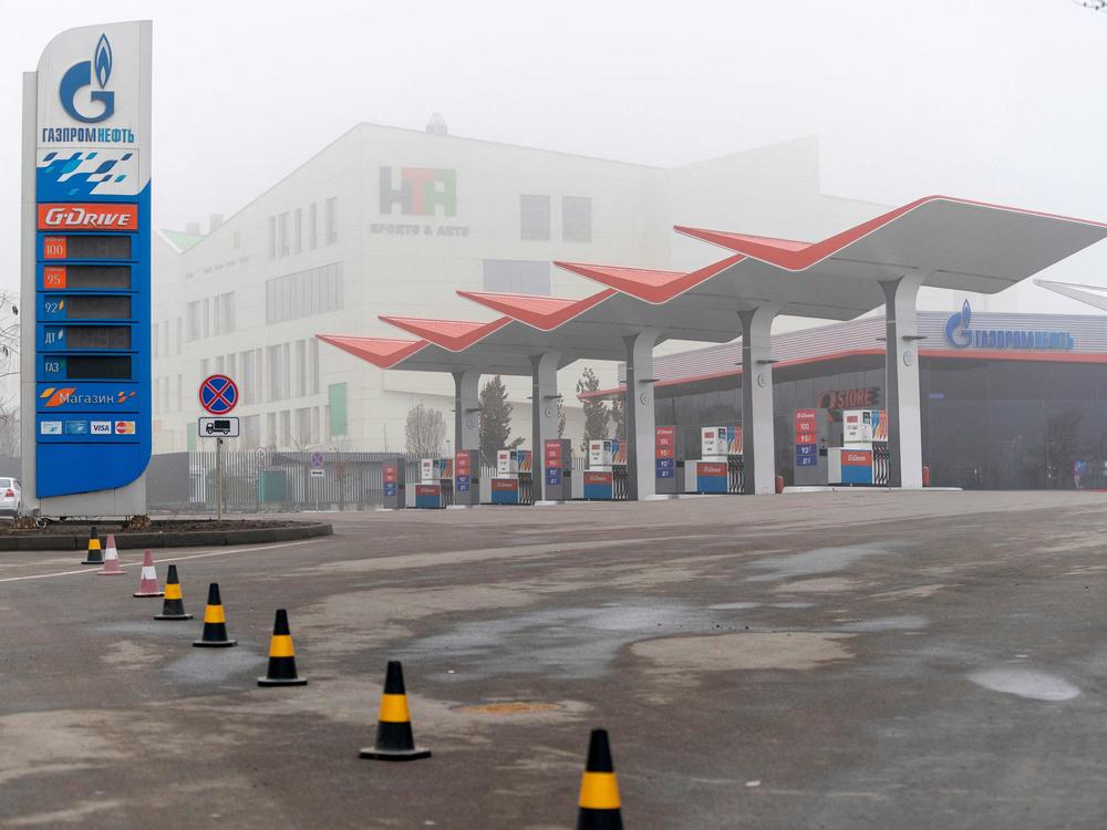 A closed Gazprom gasoline station is shown in Almaty, Kazakhstan, on Jan. 9.