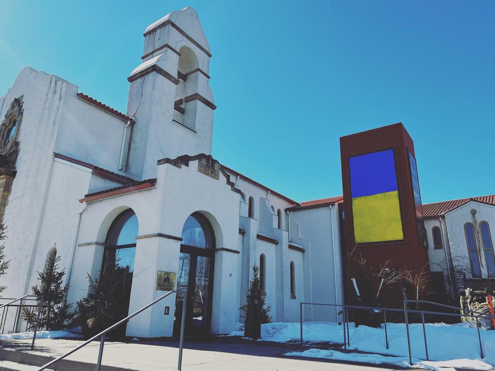 The Museum of Russian Art in Minneapolis painted a banner on its building the colors of the Ukrainian flag.