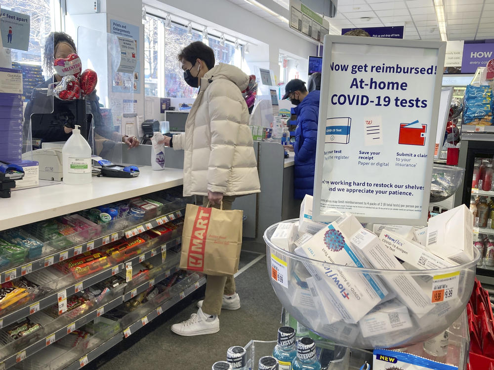 At-home coronavirus tests are for sale in a drugstore in the Morningside Heights neighborhood of Manhattan in New York City on Feb. 6.