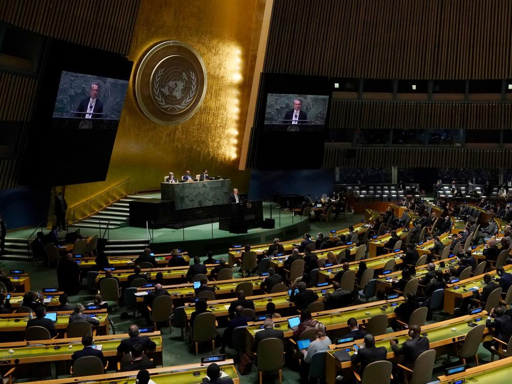 Ukraine's UN Ambassador Sergiy Kyslytsya speaks at the United Nations in New York on March 2, 2022 before a vote on a resolution condemning Russian invasion of Ukraine.
