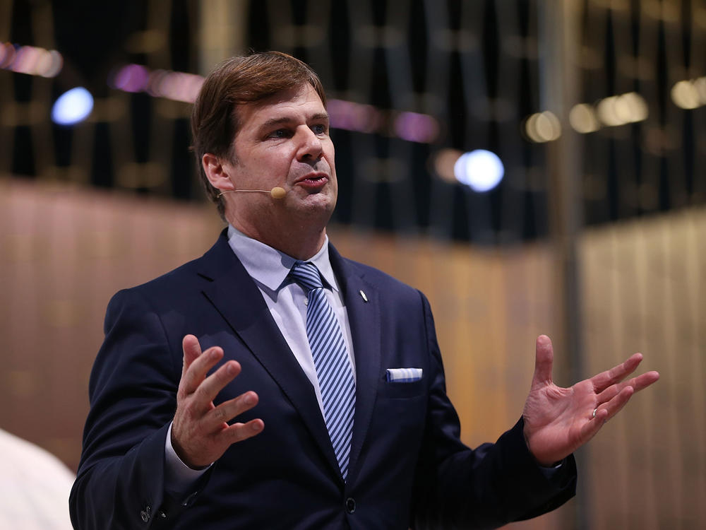 Current Ford CEO Jim Farley speaks at the New York International Auto Show event in New York City on March 28, 2018. Farley was then a senior executive at the automaker.