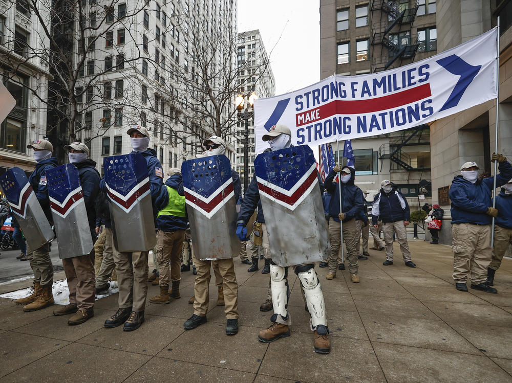 The white nationalist group Patriot Front attends the March For Life on in Chicago on Jan. 8.