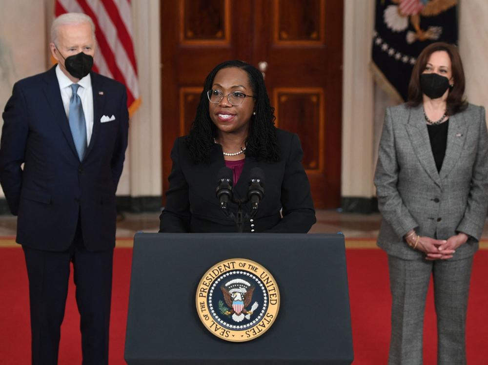 Judge Ketanji Brown Jackson, with President Biden and Vice President Harris, speaks after being nominated for the U.S. Supreme Court at the White House on Feb. 25.