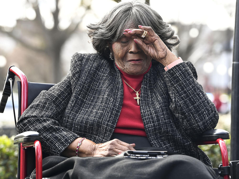 Autherine Lucy Foster reacts during the dedication ceremony for Autherine Lucy Foster Hall in Tuscaloosa, Ala., on Feb. 25, 2022.