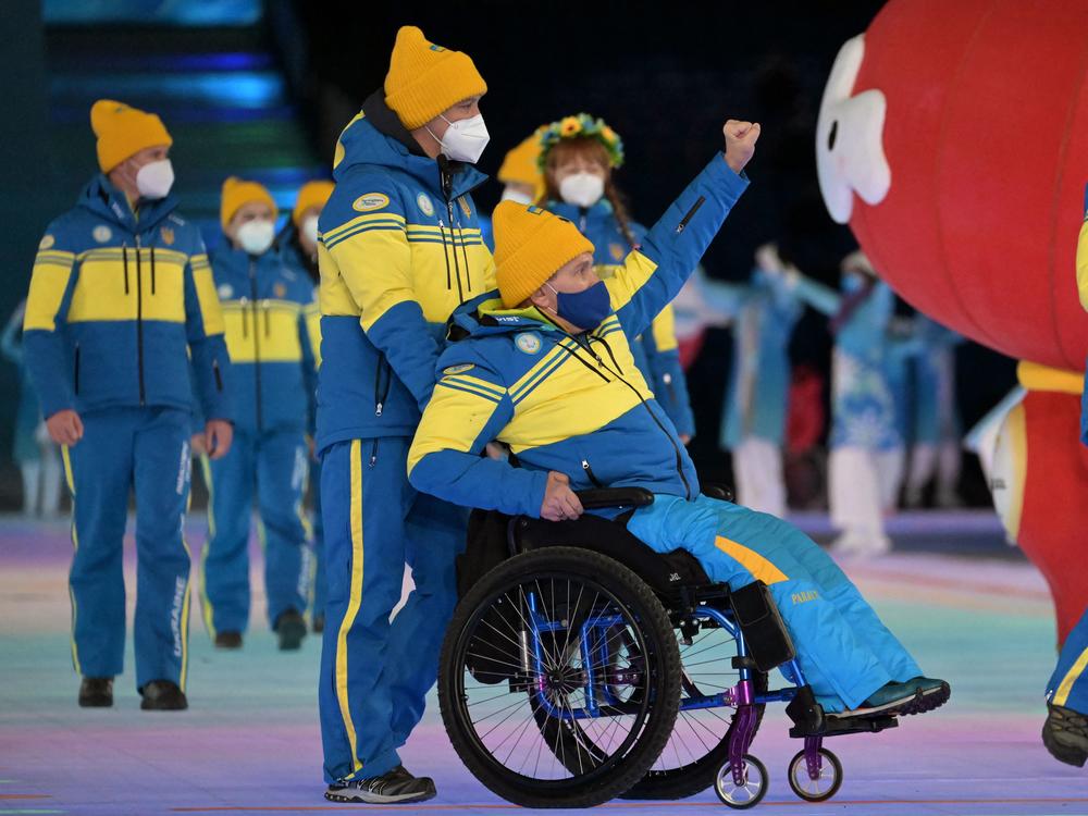 Athletes from Ukraine take part in the opening ceremony of the Beijing 2022 Winter Paralympic Games at the National Stadium in Beijing on Friday.
