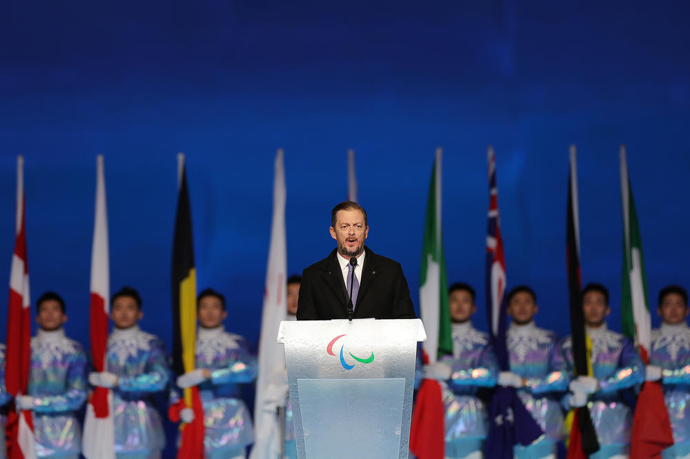 IPC President Andrew Parsons speaks during the opening ceremony of the Beijing 2022 Winter Paralympics at the Beijing National Stadium on Friday.