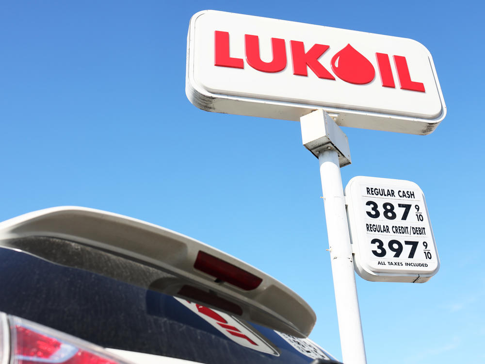 A Lukoil gas station sign is seen Friday in New York City's Brooklyn borough. Lukoil, Russia's second-largest oil company, has called for an end to the war in Ukraine. The oil company is facing calls for boycotts.